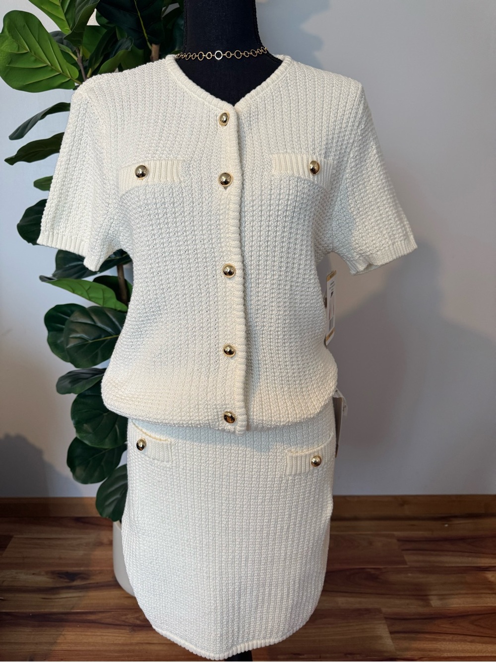 French Connection Cream Knit Short-Sleeve Skirt Set with Gold Buttons